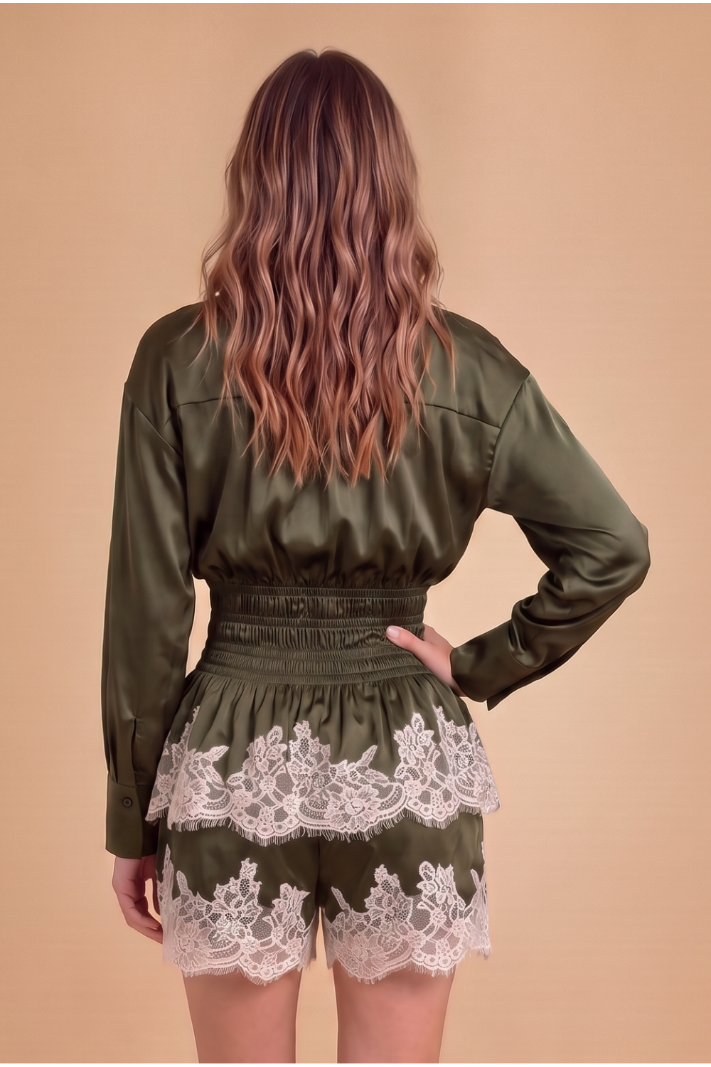 Lace Trim Smocked Waist Satin Shirt Olive