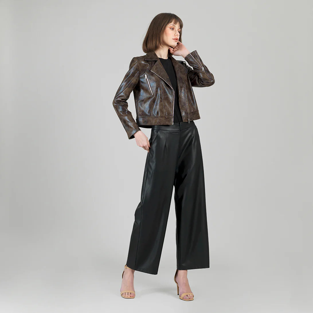 Distressed Zip Cuff Moto Waist Jacket Brown