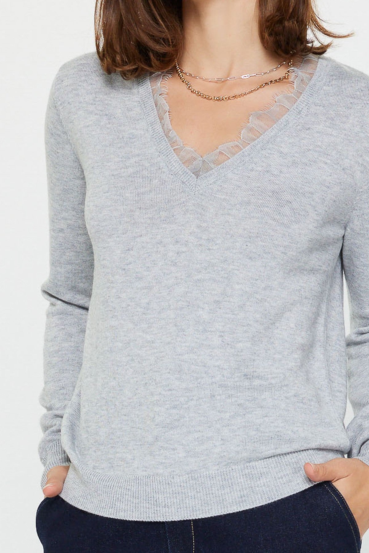 Lace Insert Vneck Heather Grey