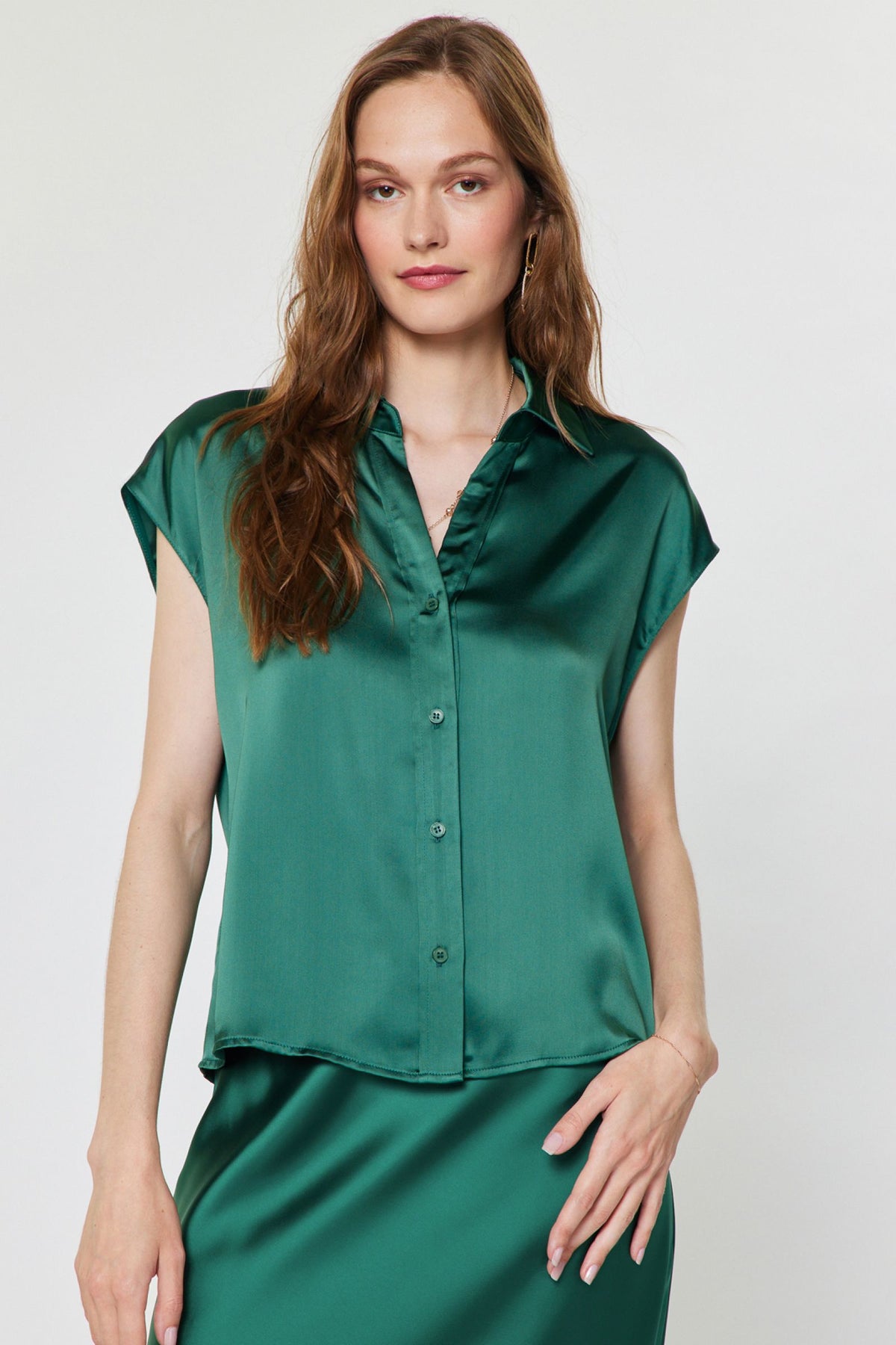 Satin Cap Sleeve Button Down Blouse Cypress