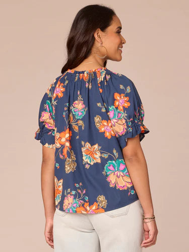 Floral Smock Neck Keyhole Printed Woven Top Navy Multi