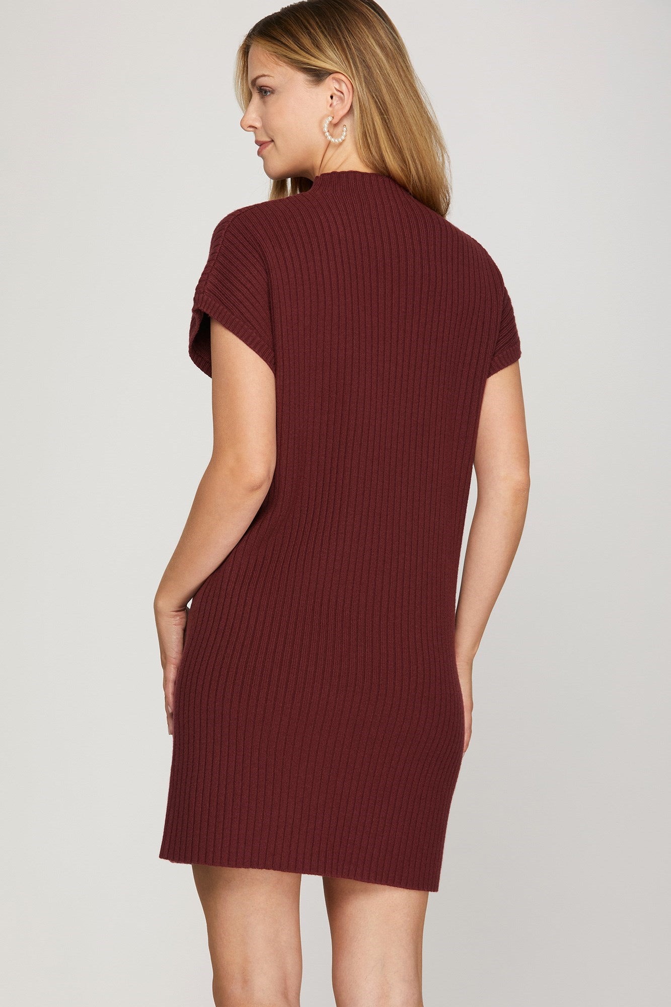 Mock Neck Front Pocket Sweater Dress Wine