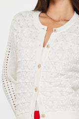 Multi Knit Patterns Flower Button Cardigan White