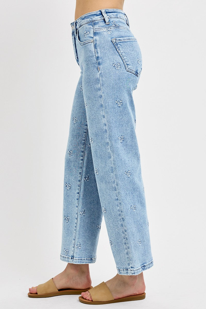 Embroidered Floral High Rise Crop Jeans Light
