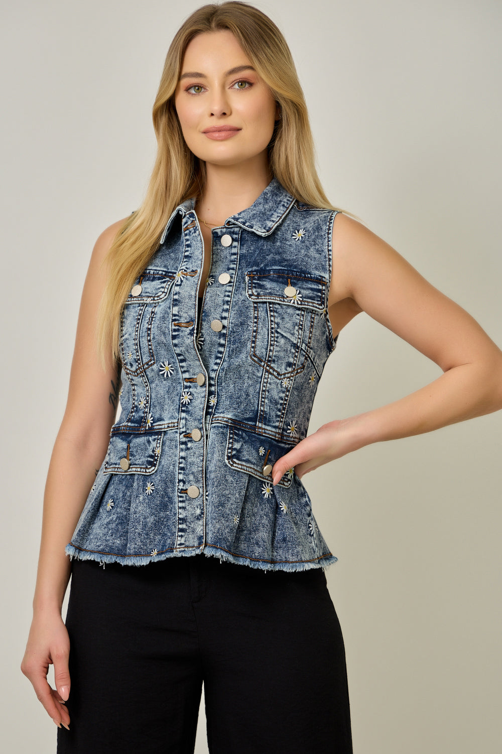 Embroidered Peplum Denim Vest Denim Blue