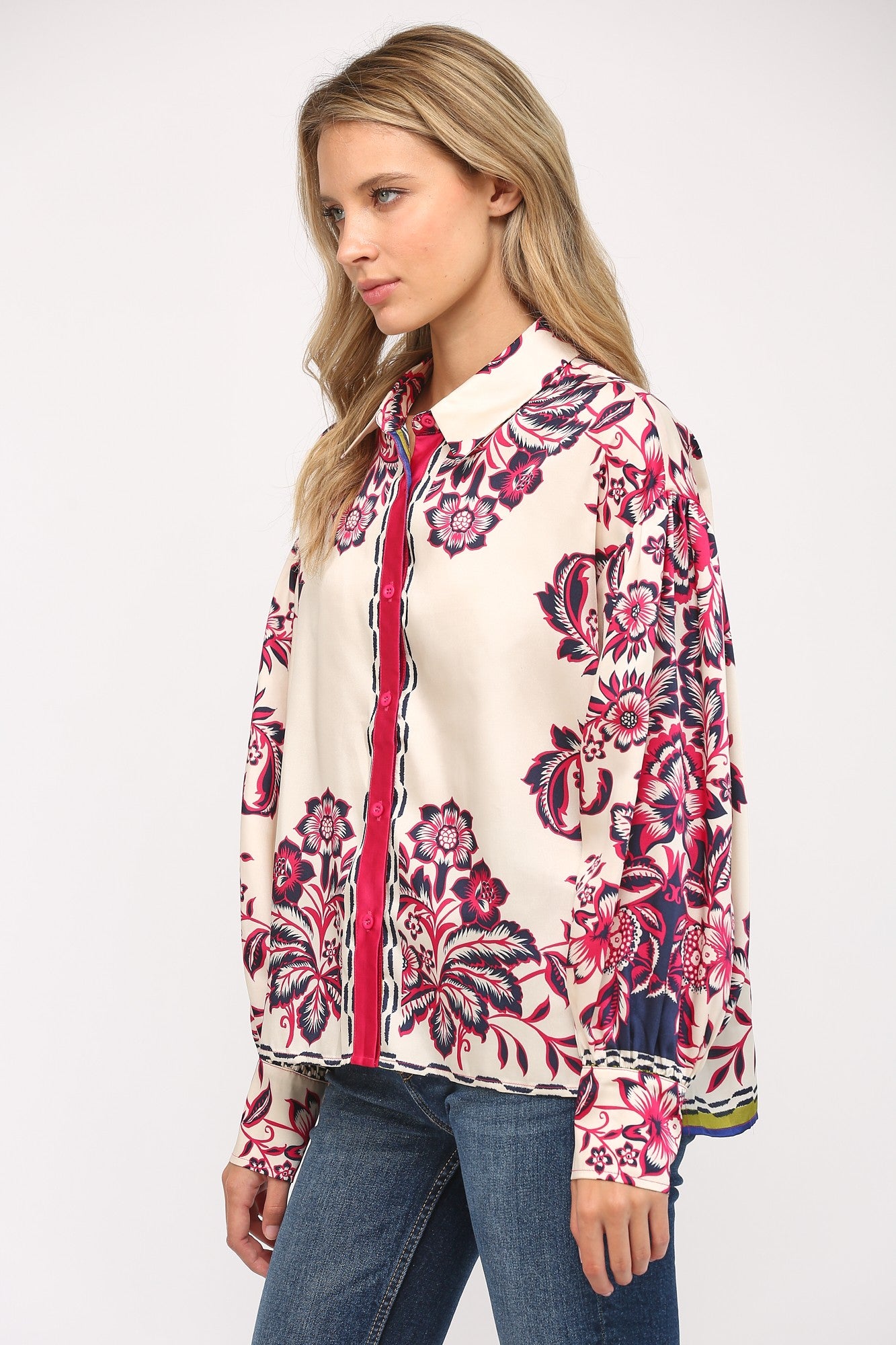 Printed Satin Button Down Shirt Magenta, Blue + Lime