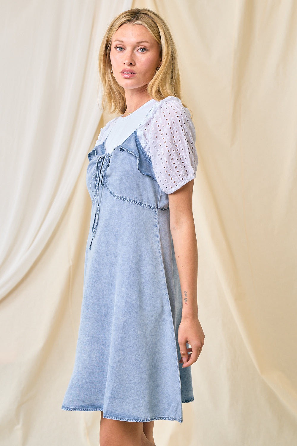 Cinched Cut Out Ruffle Detail Dress Light Denim