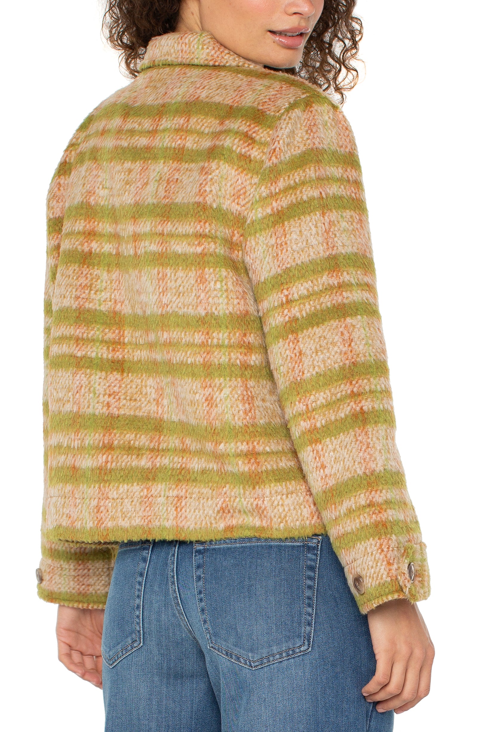 Button Front Boxy Shacket Green Gold Plaid