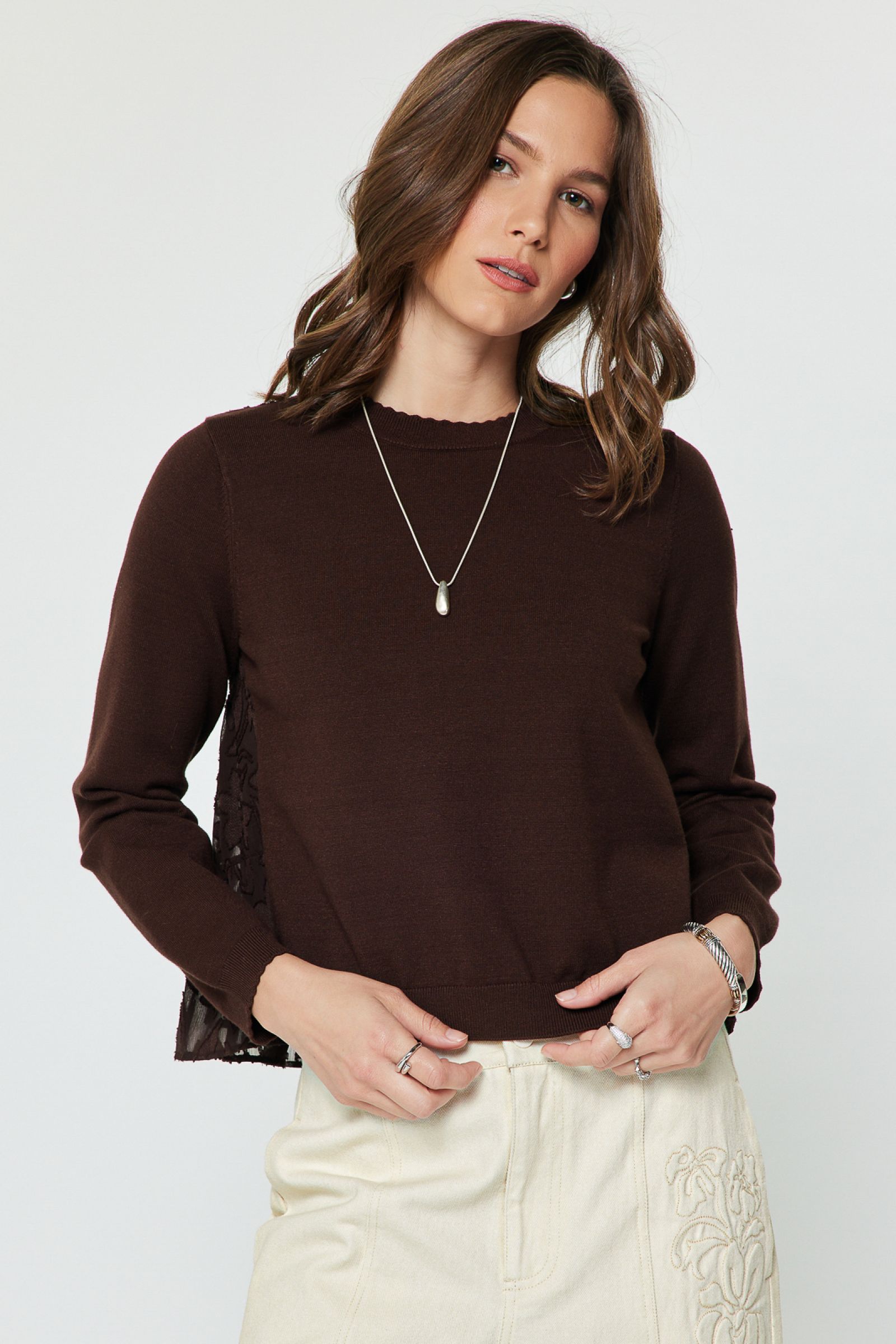 Knit Front Tonal Textured Back Top Brown