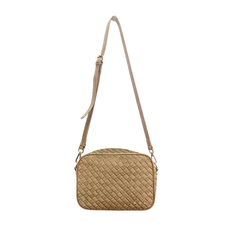 Willow Woven Camera Crossbody Bag Taupe Suede