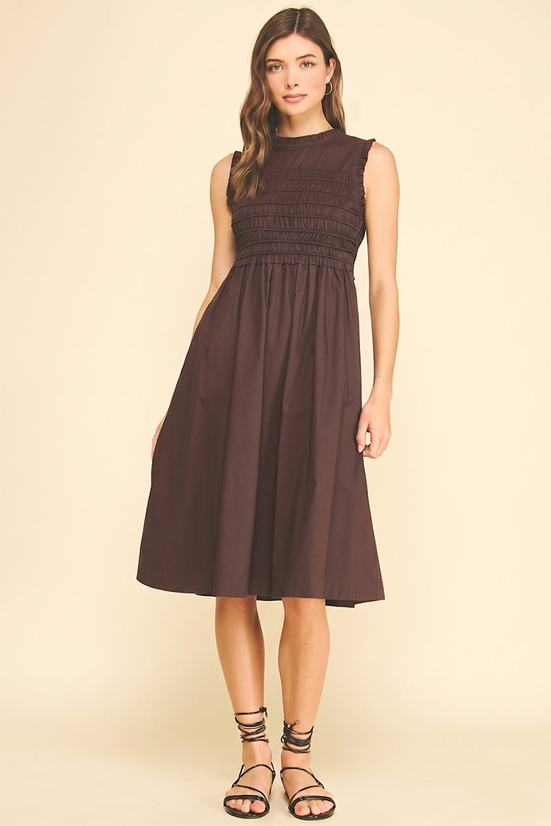 Ruffle Trim Smock Bodice Midi Dress Red Brown