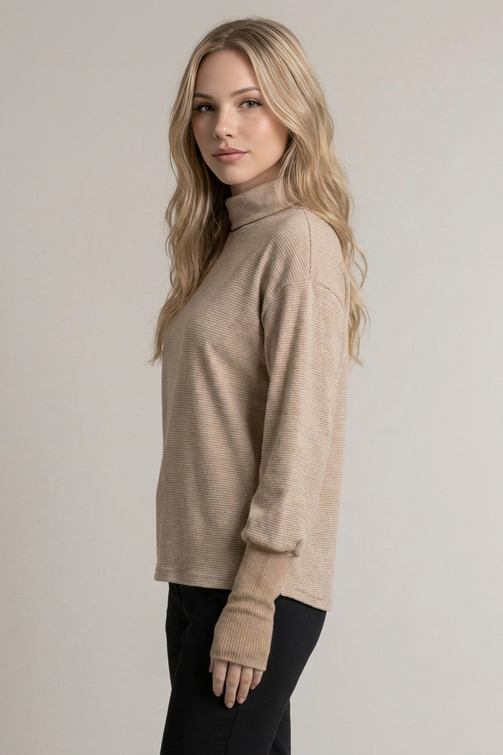 Pinstripe Cowl Mock Neck Long Sleeve Top Mocha