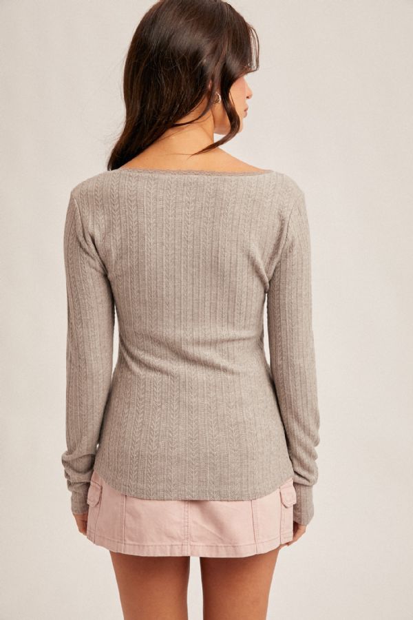 Edge Lace Neck Pointelle Knit Top Grey