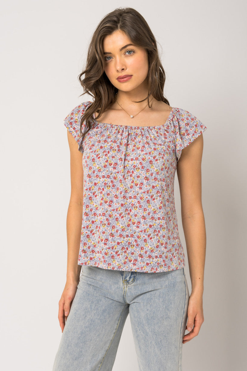 Square Neck Ruffle Sleeve Ditsy Floral Top Blue + Red