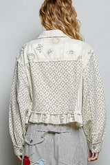 Printed Twill Sweater Contrast Ruffle Jacket Natural