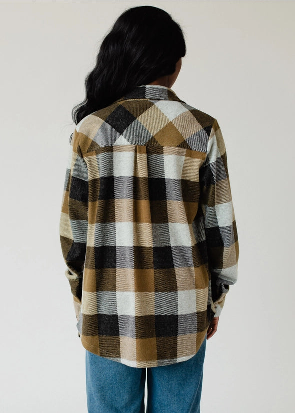 Button Up Plaid Shirt Olive + Black
