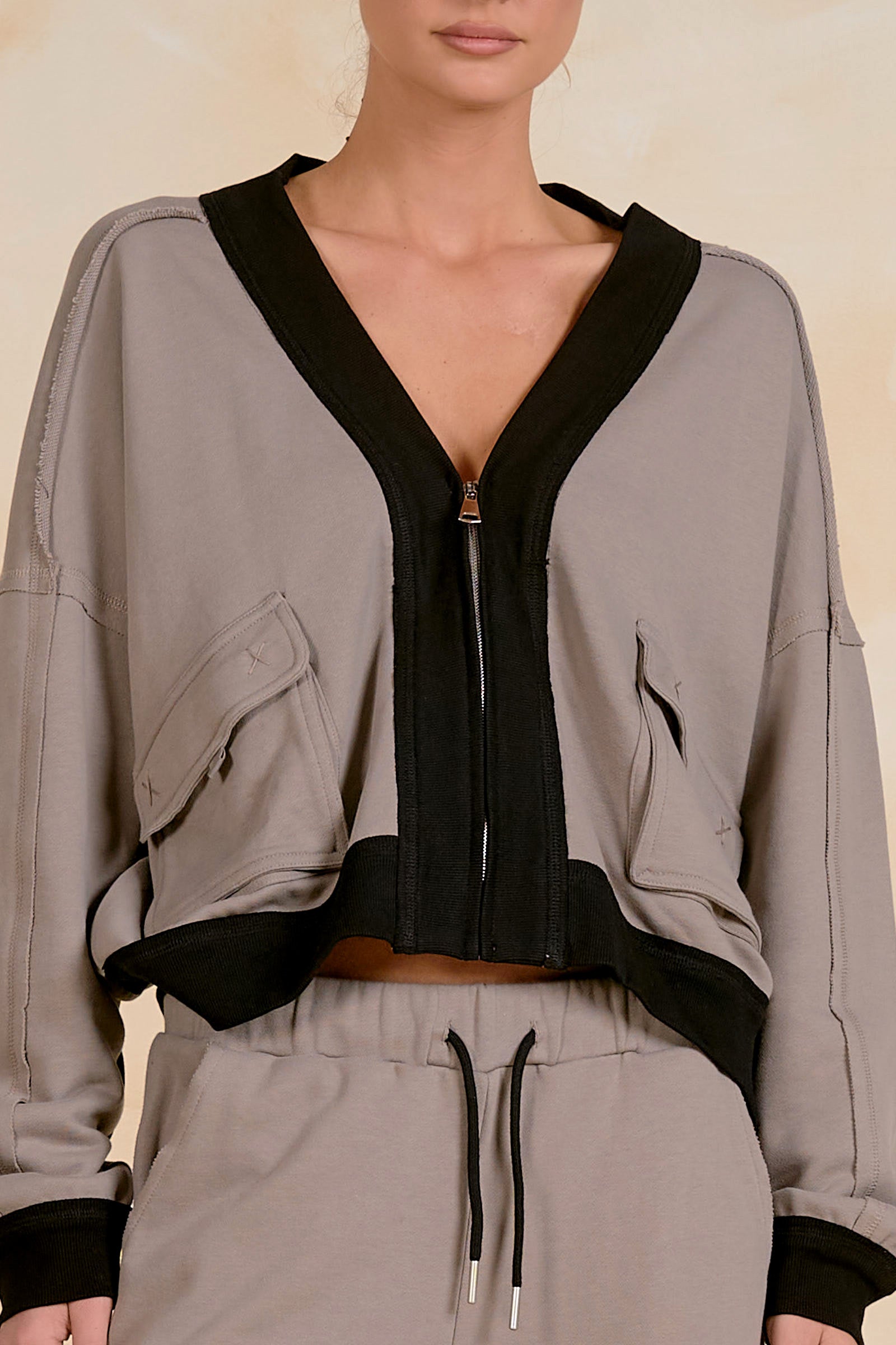 Contrast Detail Bomber Zip Up Sweatshirt Taupe + Black