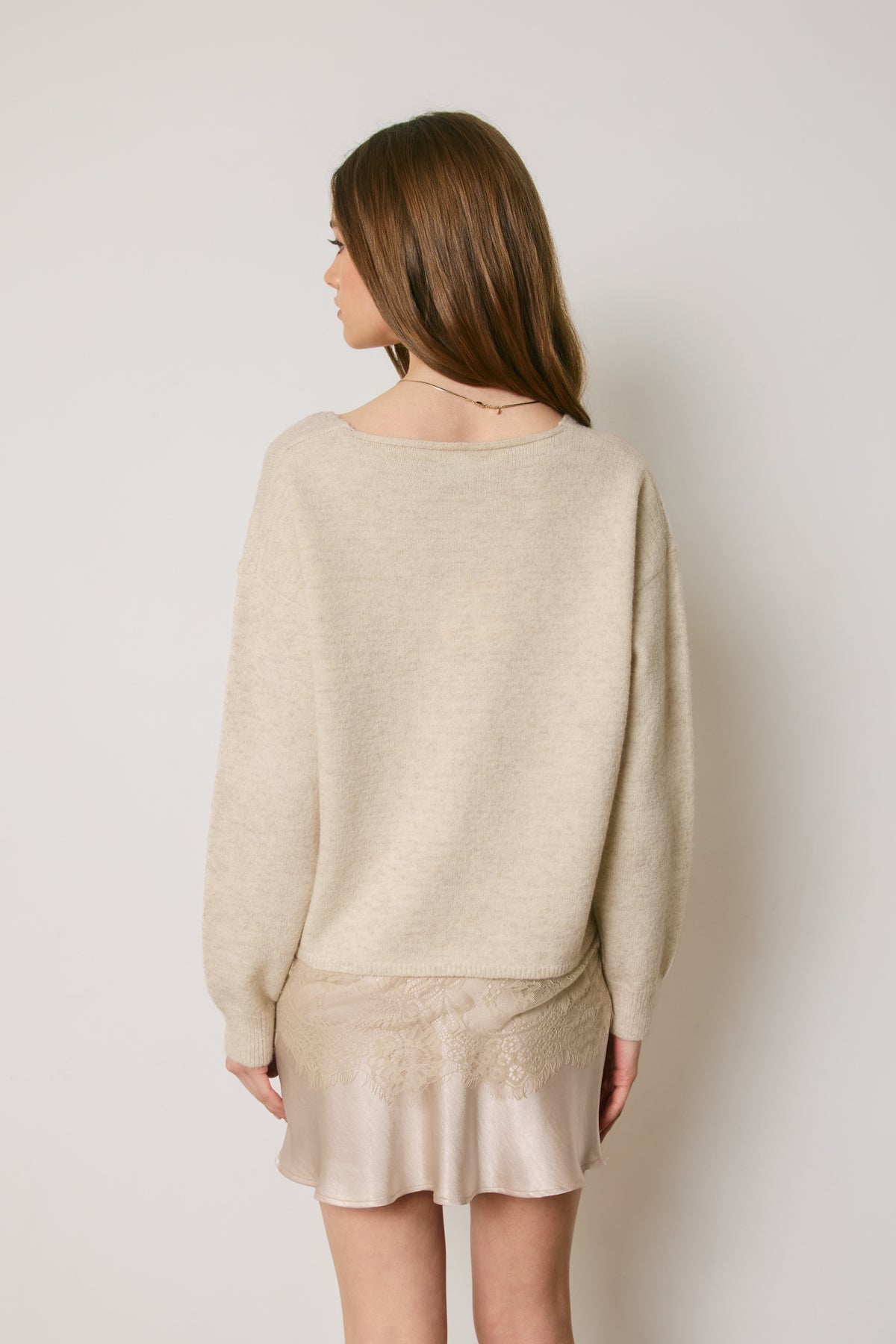Lace Hem Vneck Relaxed Sweater Cream