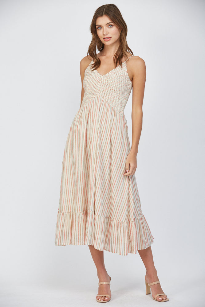 Stripe Smocked Bodice V Neck Dress Beige Multi