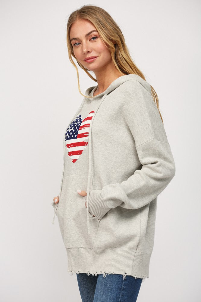 Flag Heart Distressed Hoodie Sweater Heather Grey