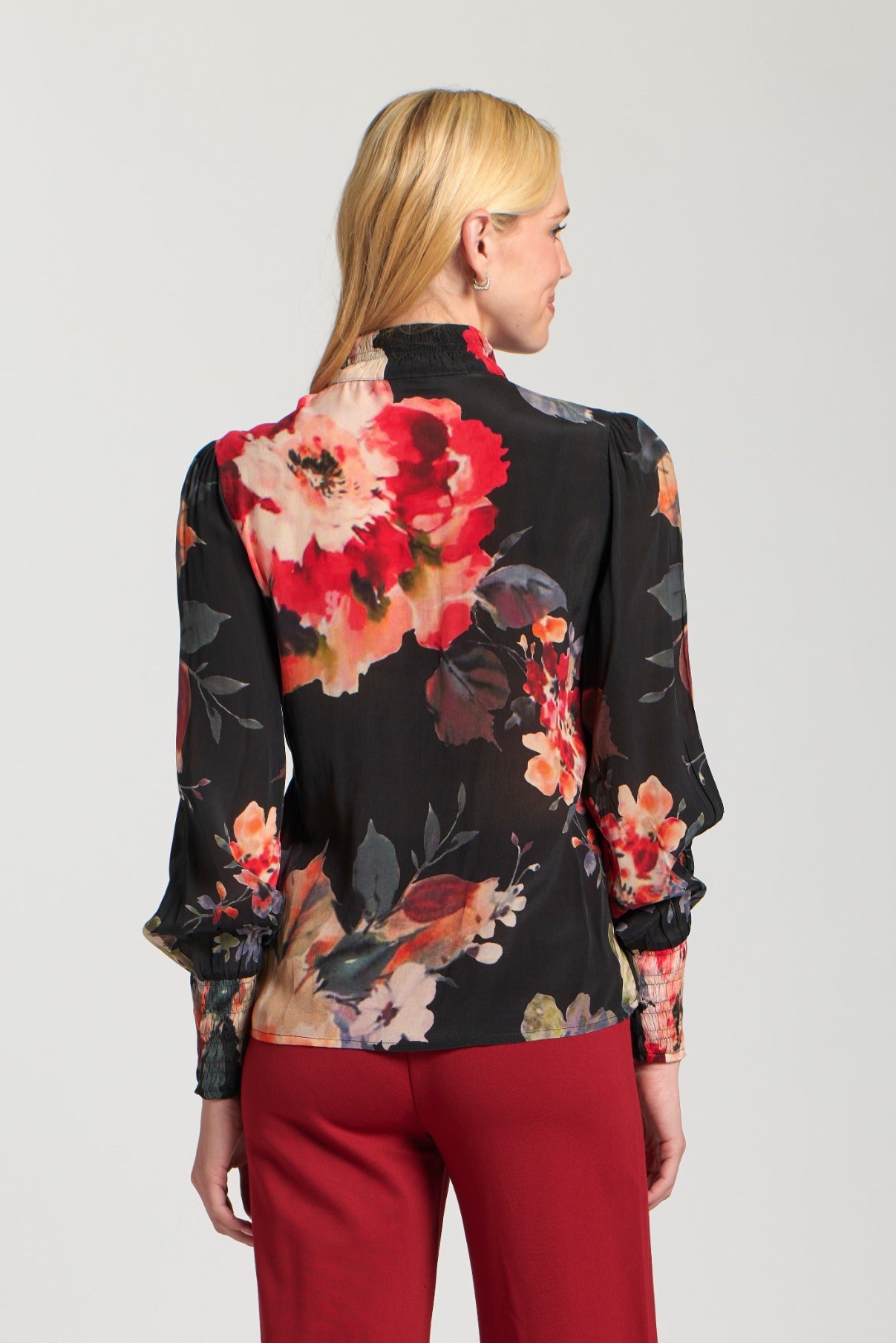 Puff Sleeve Collar Detail 3/4 Button Down Blouse Floral Red Multi