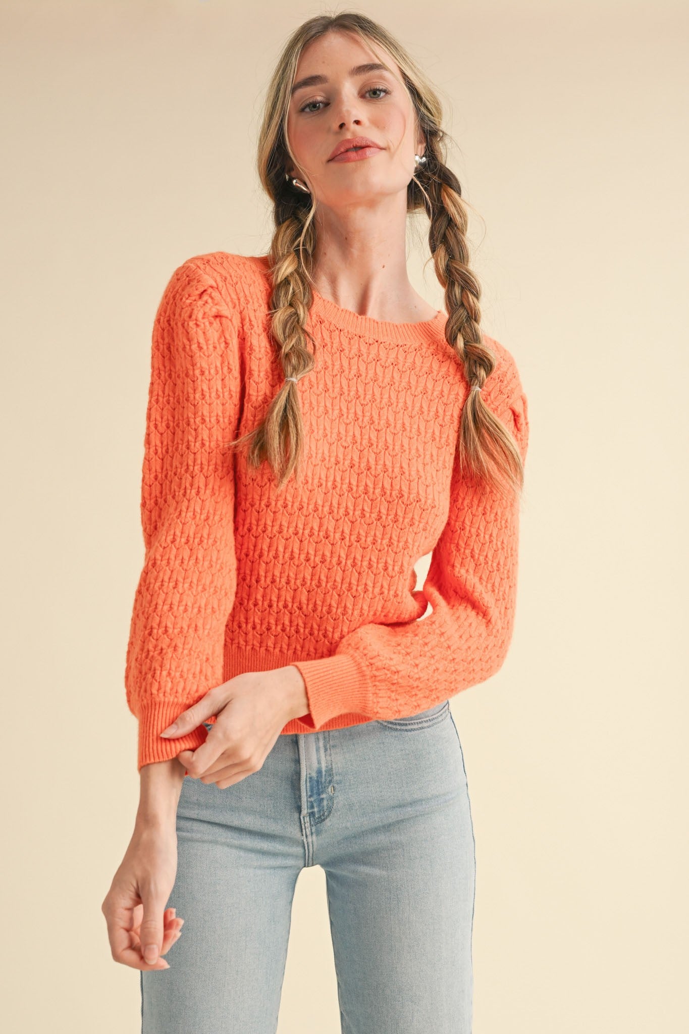 Puff Sleeve Scalloped Pointelle Sweater Marmalade