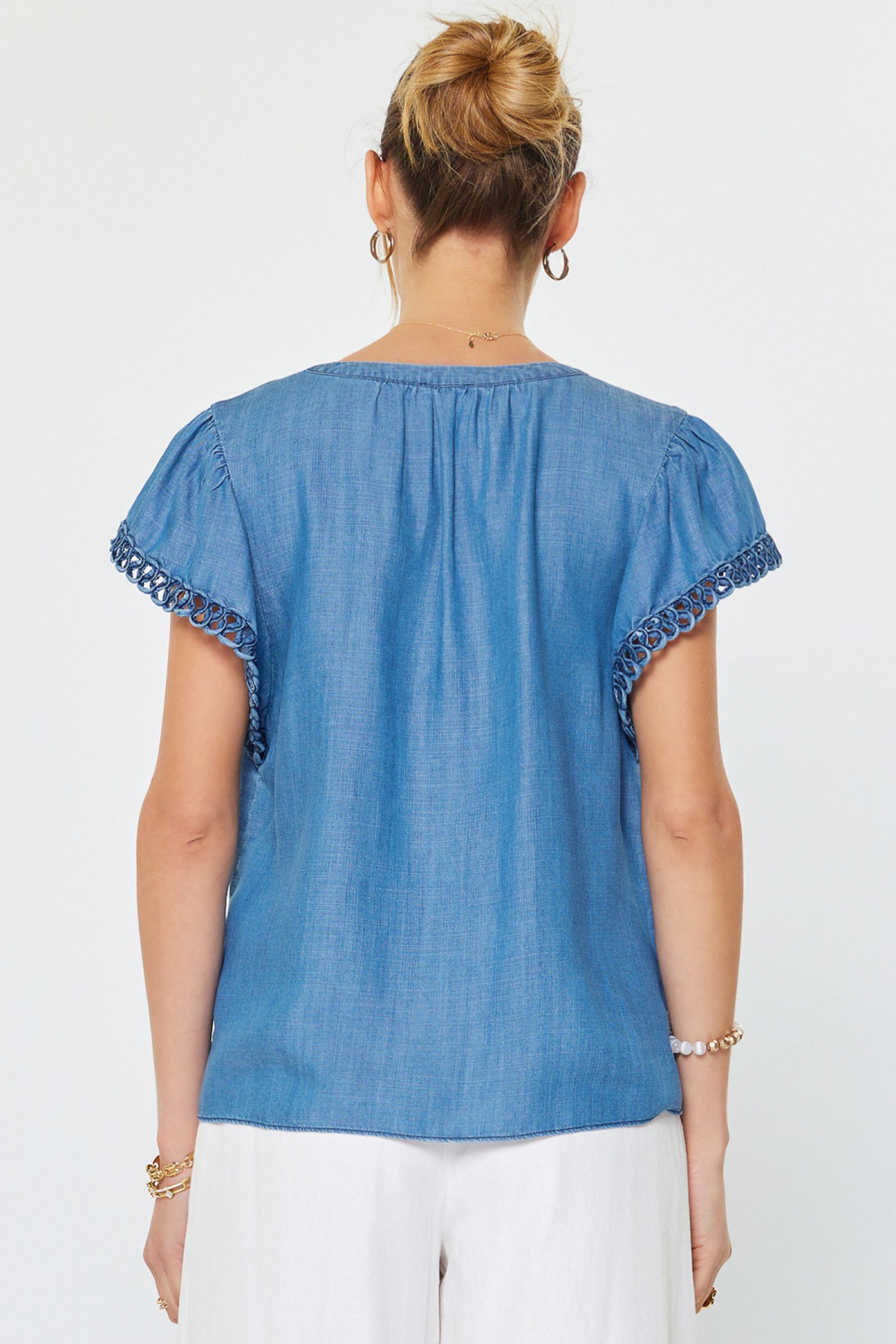 Chambray Crochet Edge Flutter Sleeve Split Neck Blouse Chambray