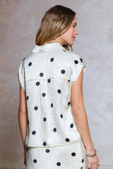 Polka Dot Cap Sleeve Satin Button Down Top Oyster