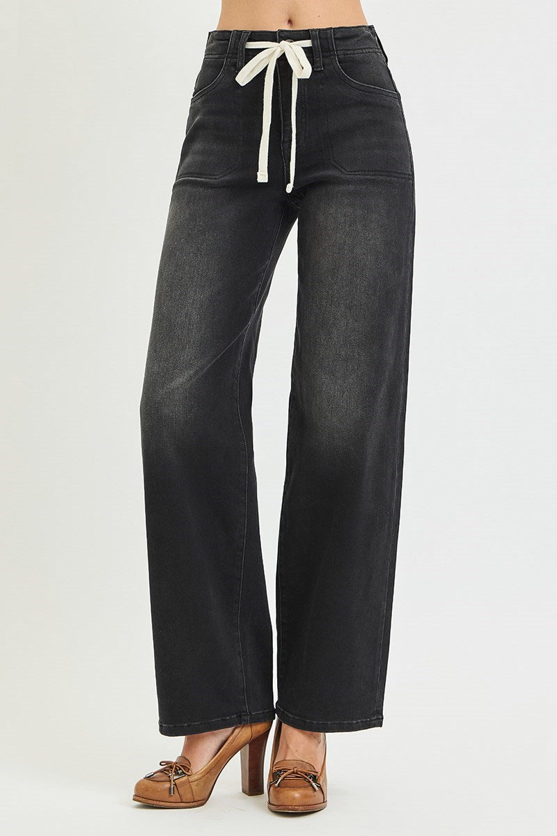 Tied Waistband High Rise Wide Baggy Jeans Washed Black