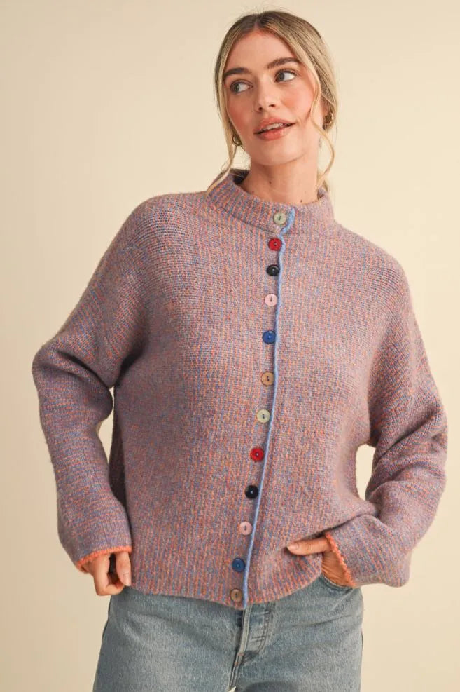 Colored Buttons Two Tone Mock Neck Cardi Orange Blue