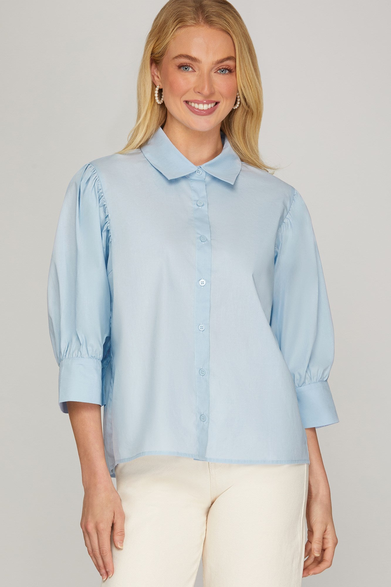 Half Cuff Sleeve Woven Button Down Shirt Light Blue