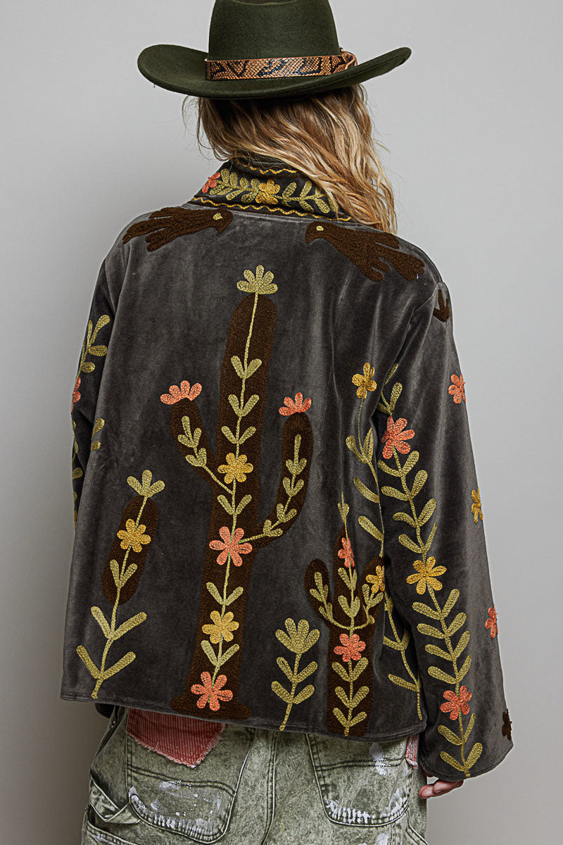 Embroidered Cactus Floral Velvet Jacket Charcoal