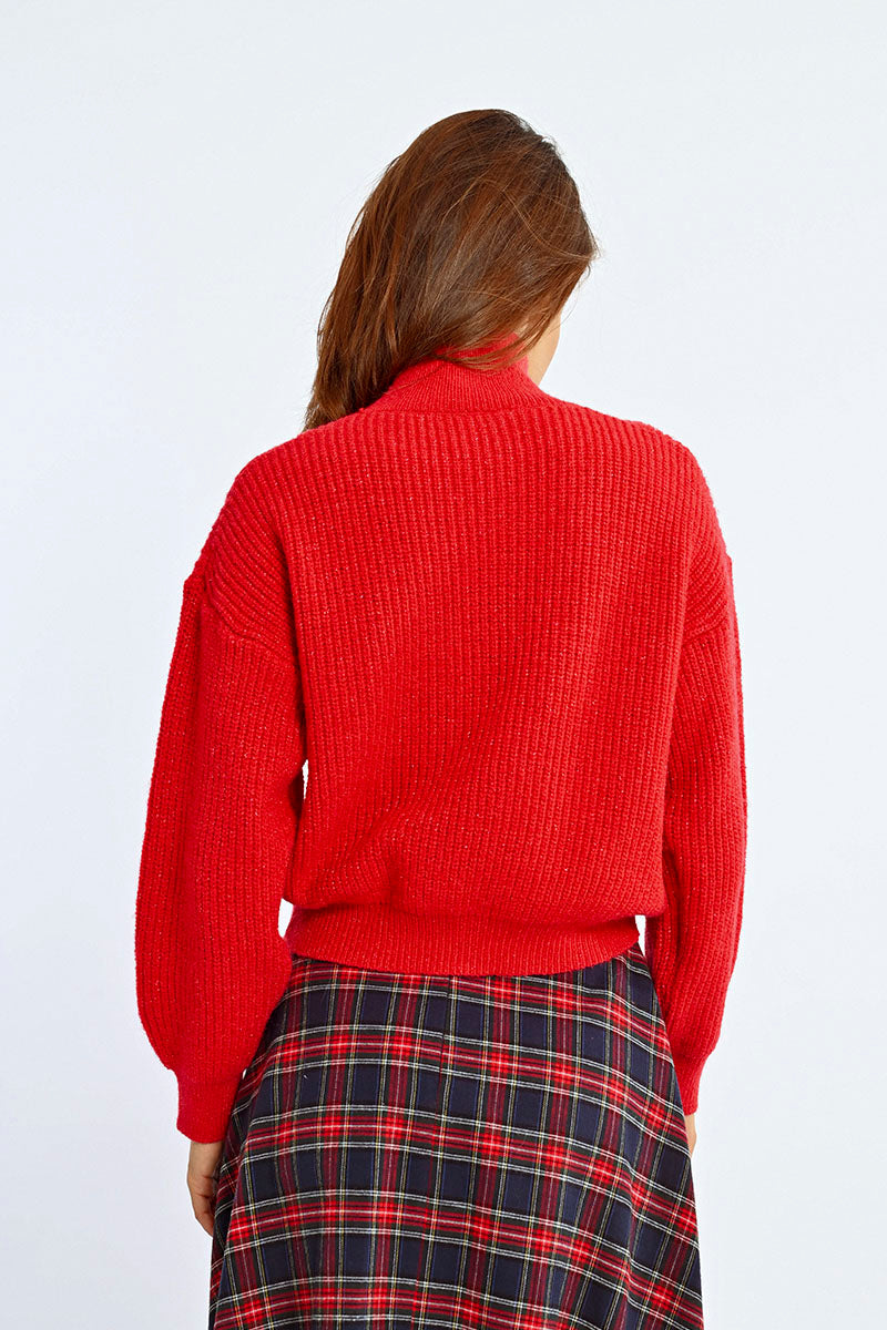 Mix Cable Knit Turtleneck Sweater Red