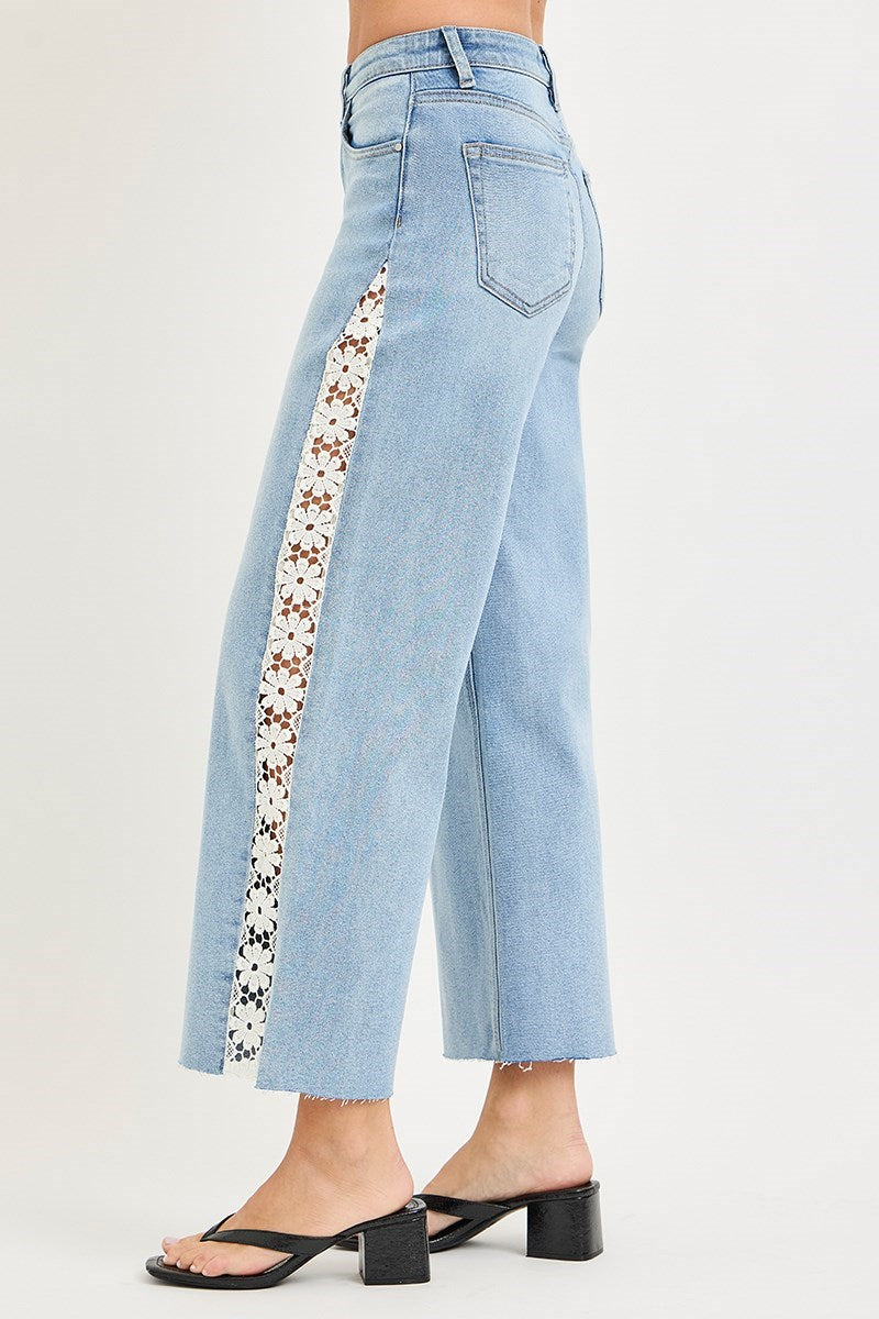 High Rise Crop Wide Flower Lace Jeans Light