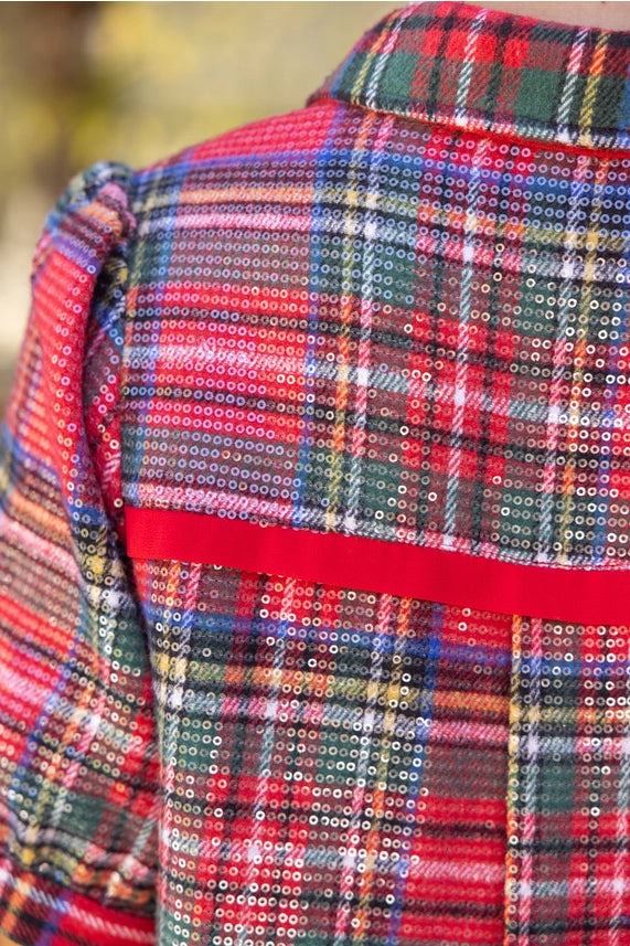 Tartan Plaid Sequin Puff Sleeve Dress