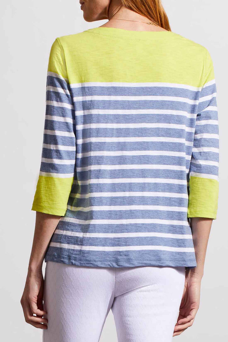 Boat Neck Striped Color Block 3/4 Sleeve Top  Lime