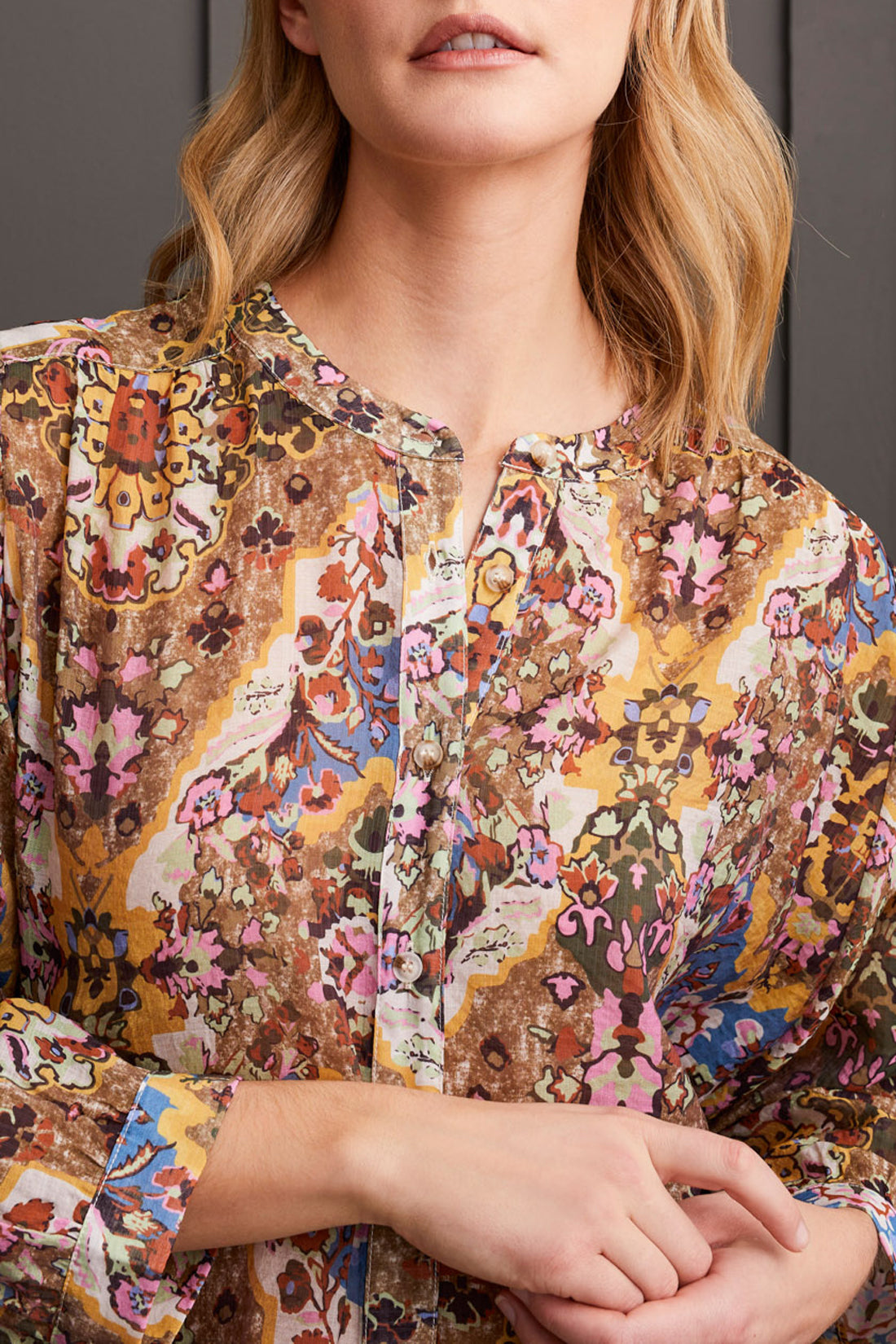 Printed Dolman Sleeve Button Down Blouse Grape Floral Mix