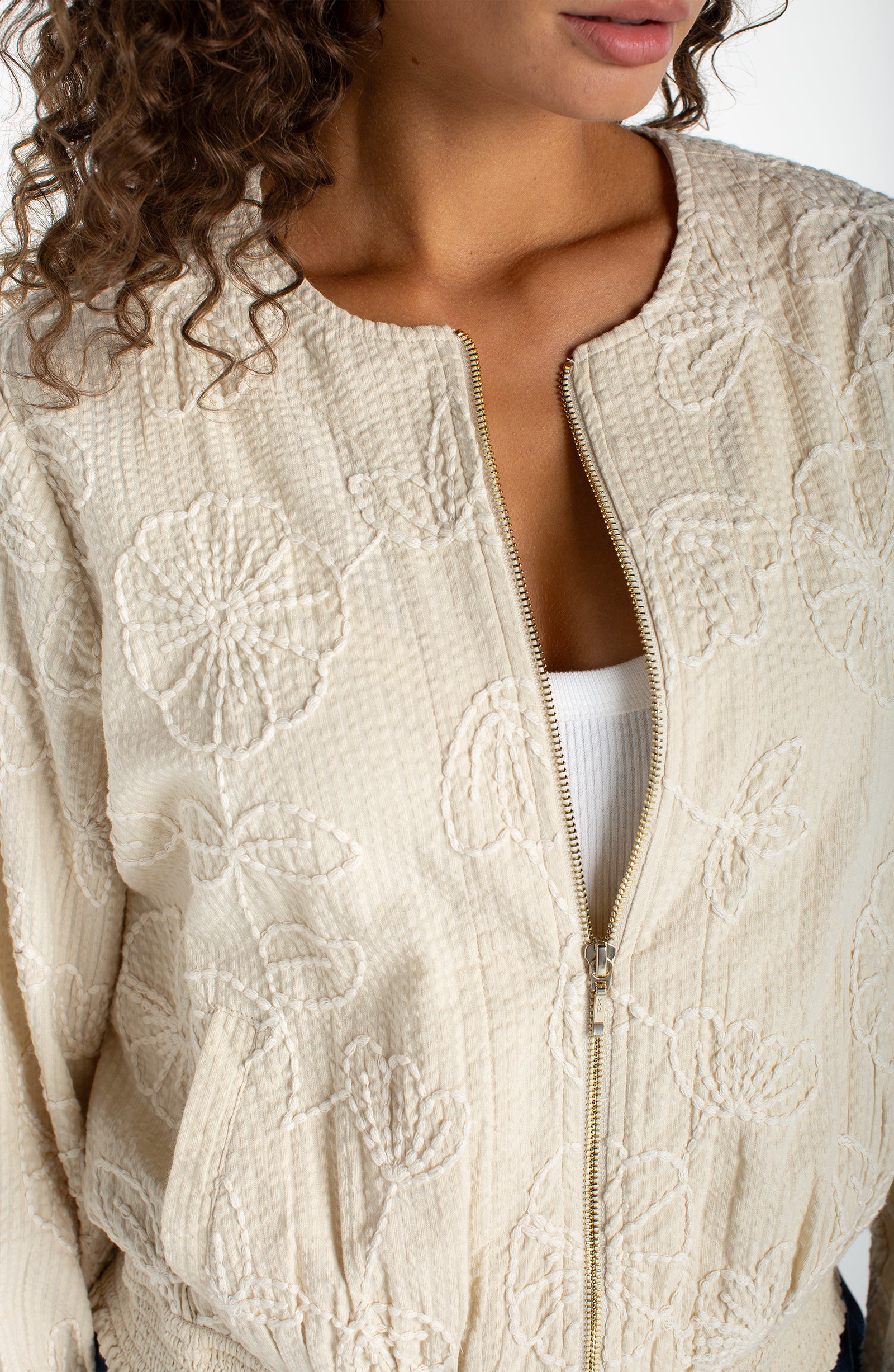 Stitched Floral Detail Bomber Jacket Pale Sand Stone