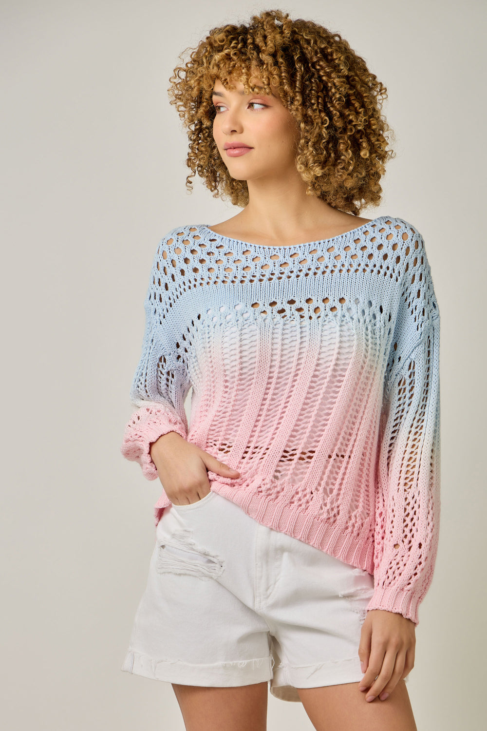 Ombre Waterdye Open Stitch Knit Pullover Blue + Pink