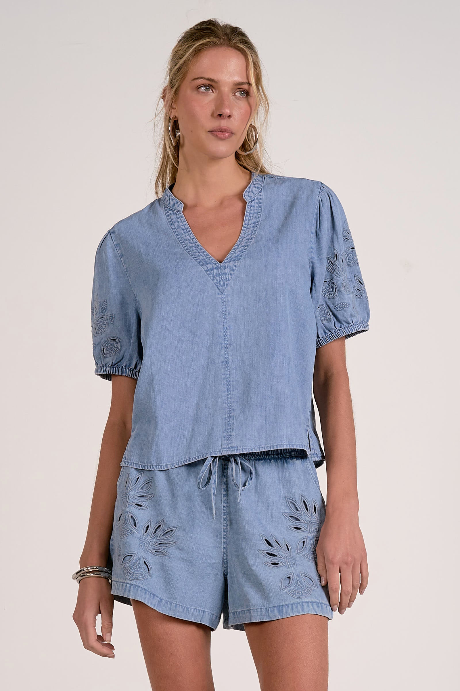 Tonal Embroidered Detail Puff Sleeve Top Denim