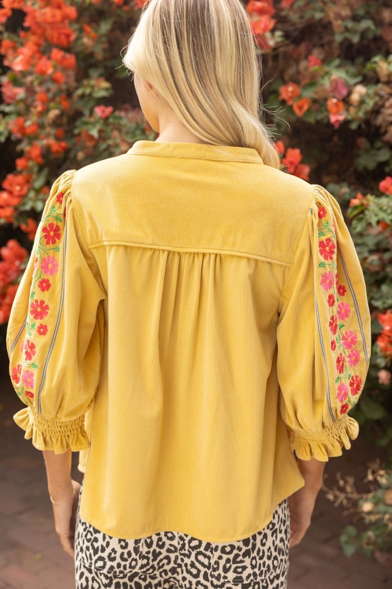 Floral Embroidered Smock Detailed Corduroy Top Mustard