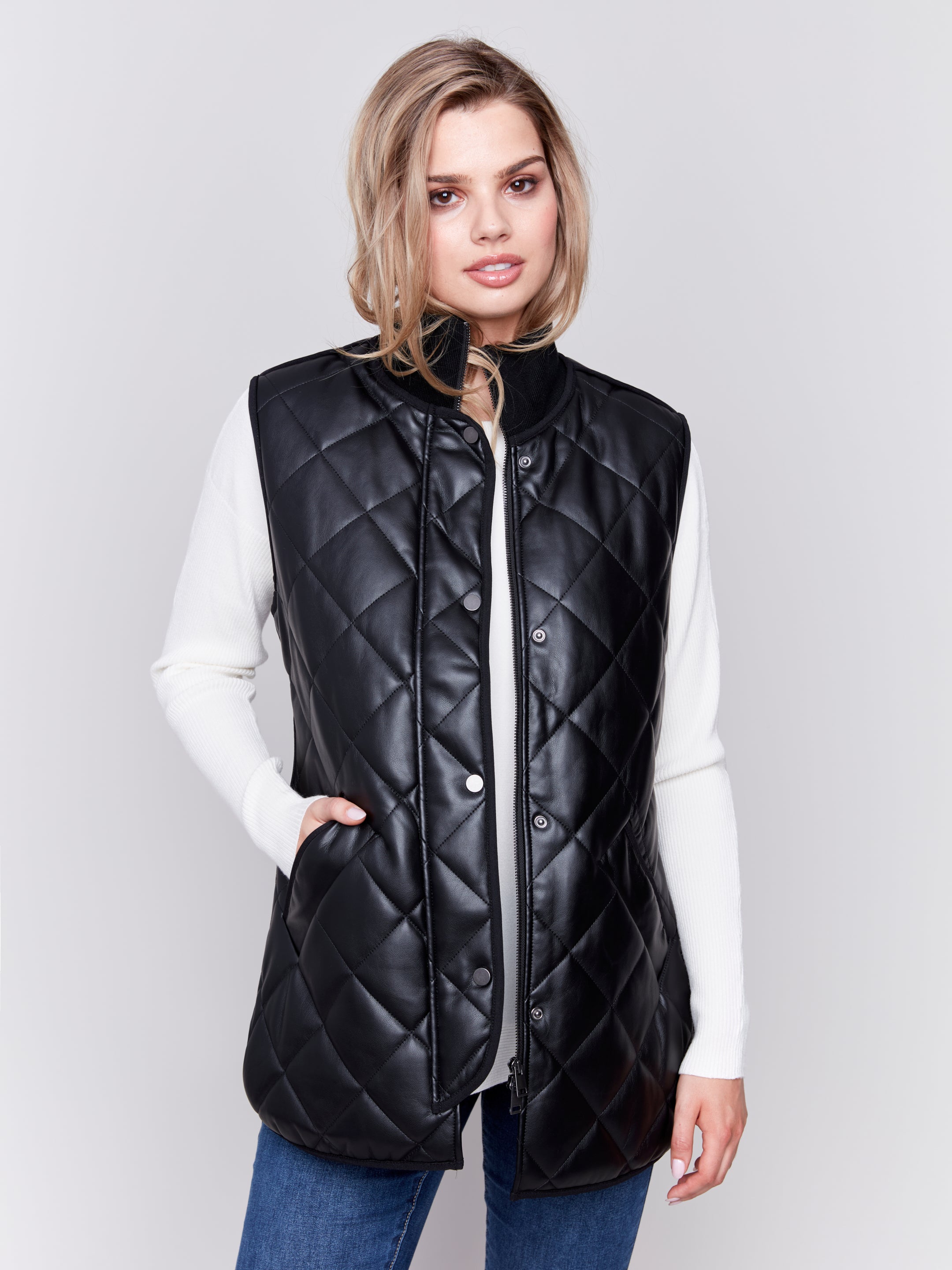 Long Quilted Leather Vest Black