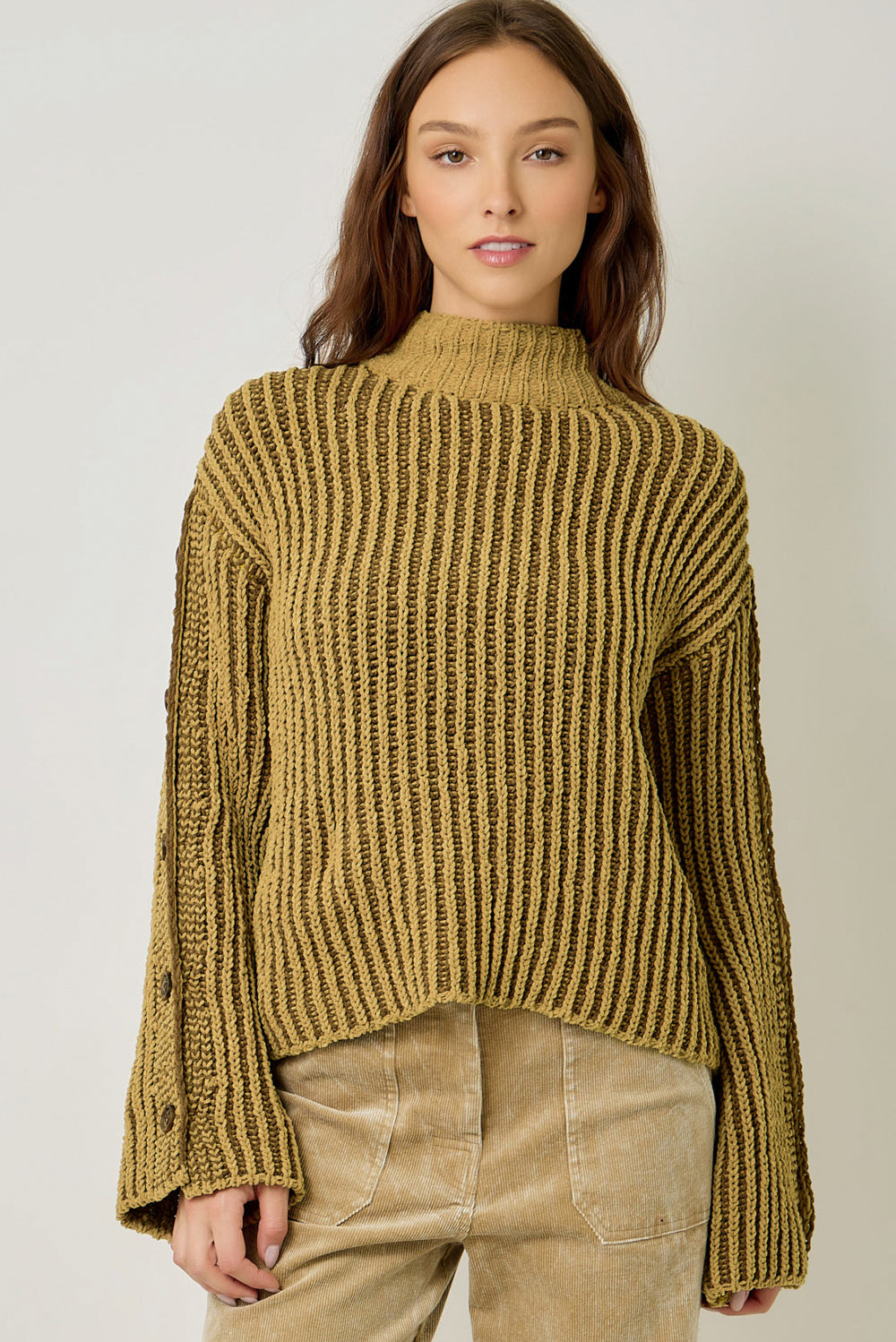 Two Tone Velvety Button Detail Sweater