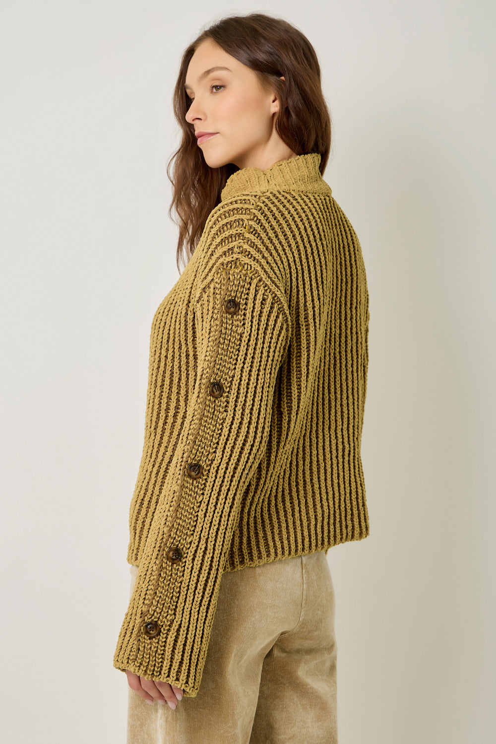 Two Tone Velvety Button Detail Sweater