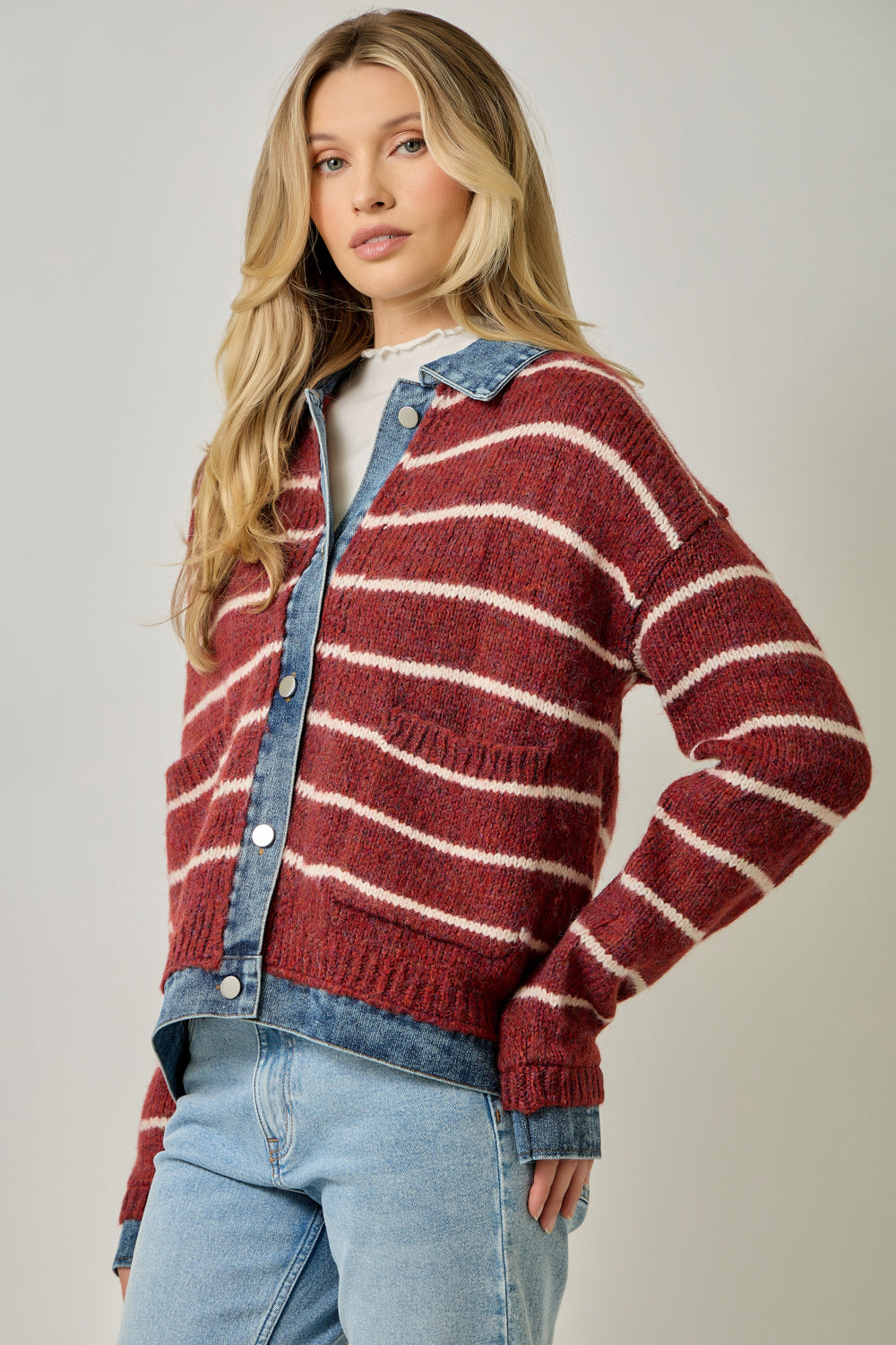 Two Fer Denim Detail Stripe Sweater Jacket