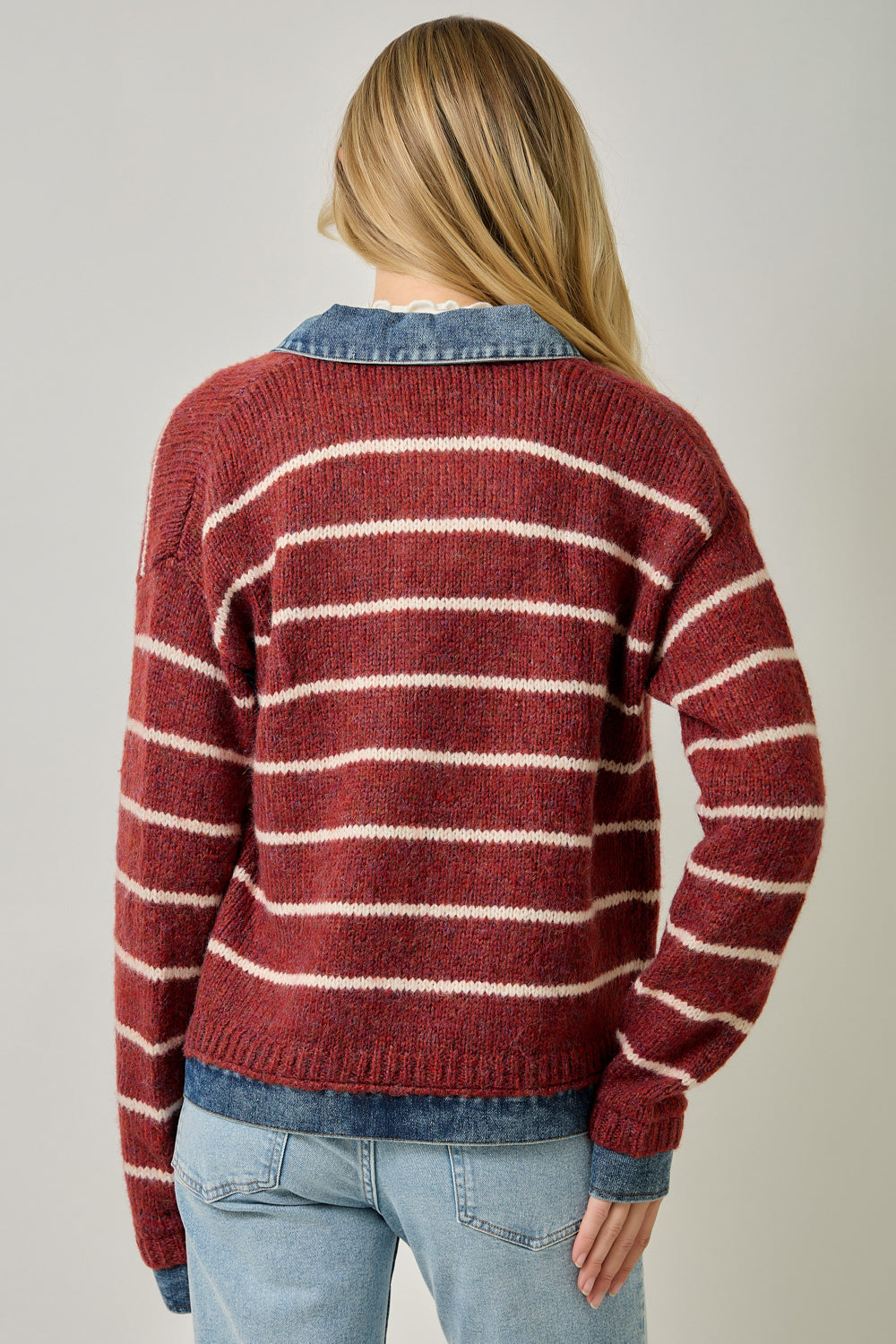 Two Fer Denim Detail Stripe Sweater Jacket