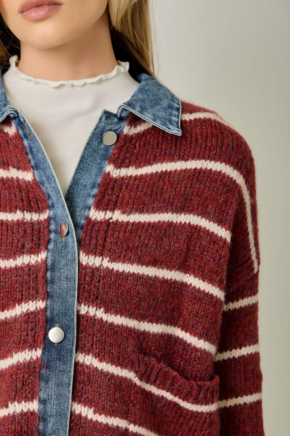 Two Fer Denim Detail Stripe Sweater Jacket