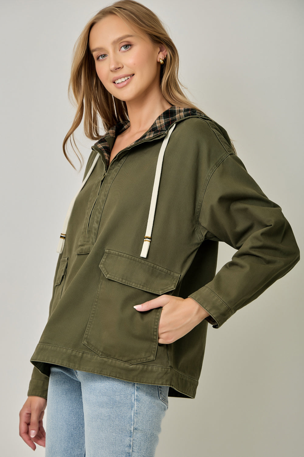 Washed Twill Half Zip Hoodie Barn Jacket