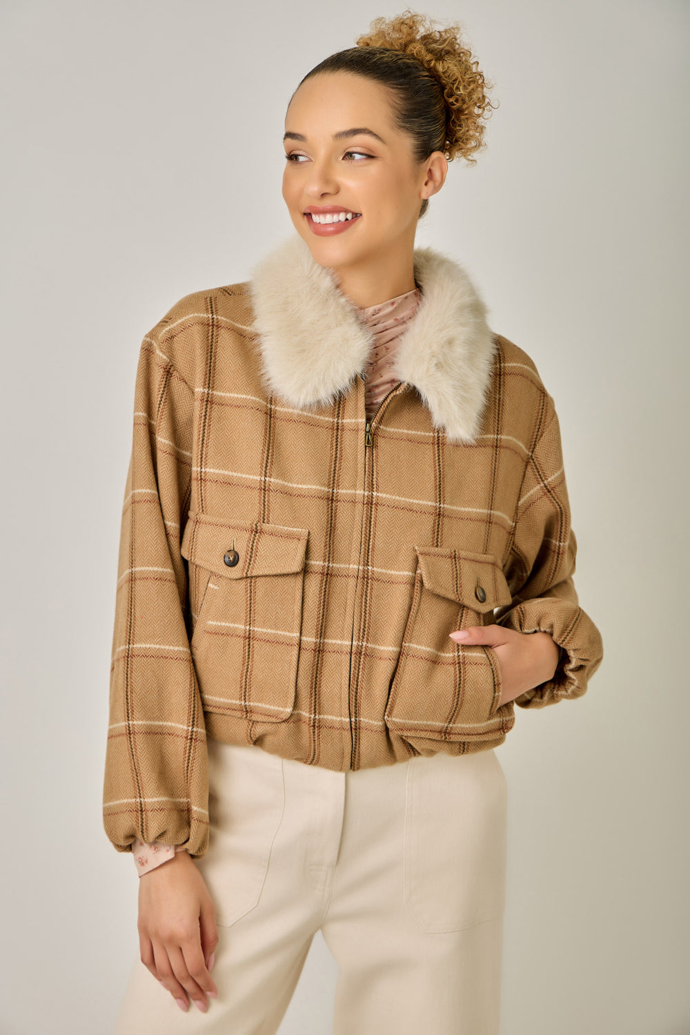 Detachable Fur Window Pane Bubble Hem Jacket