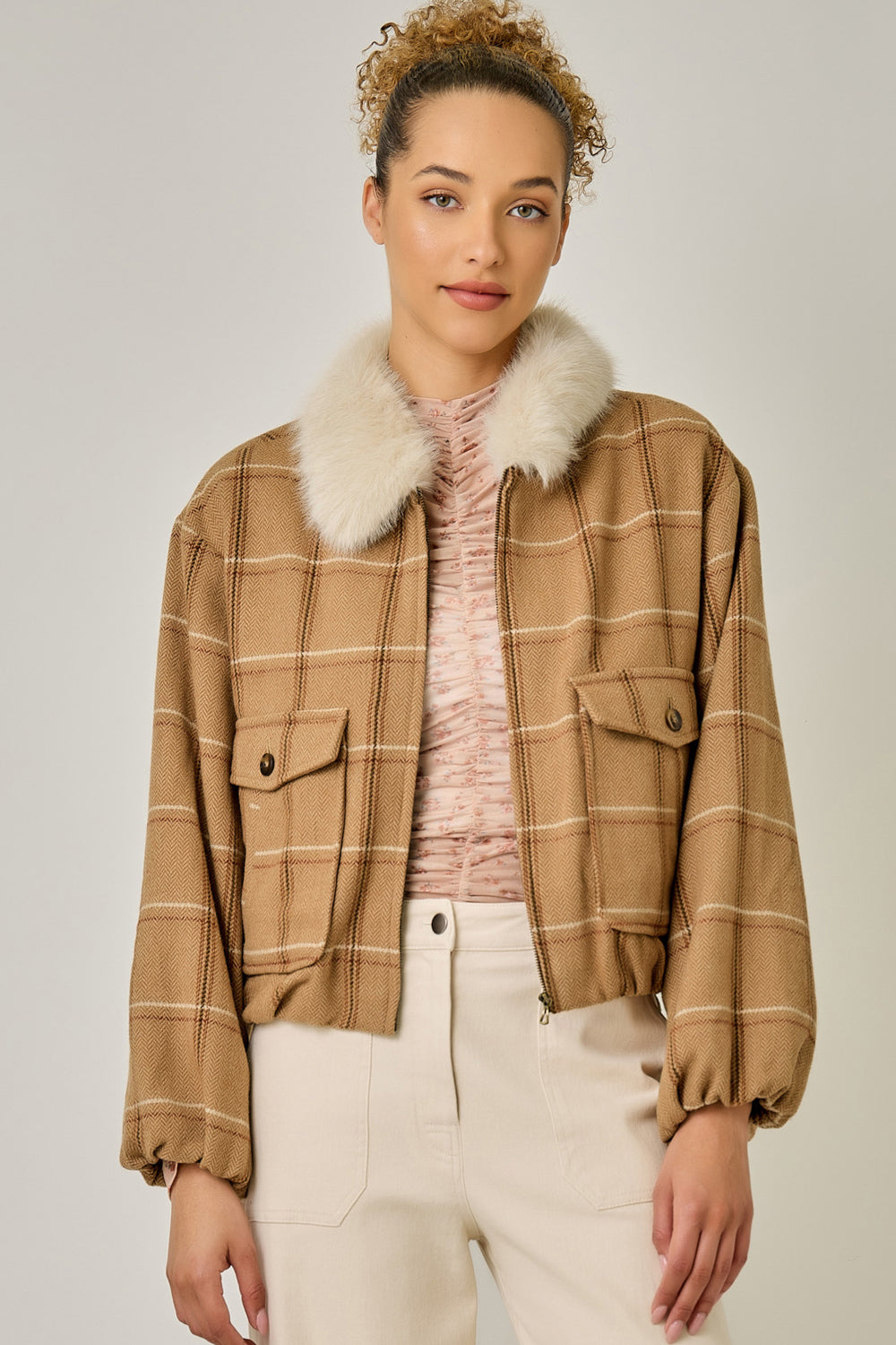 Detachable Fur Window Pane Bubble Hem Jacket